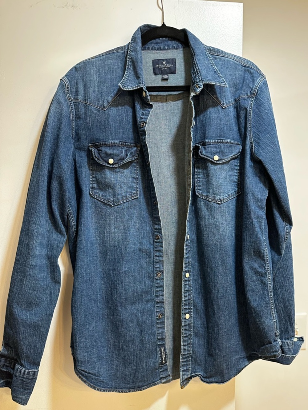 American Eagle Outfitters Dark Blue Denim Button-Down Shirt